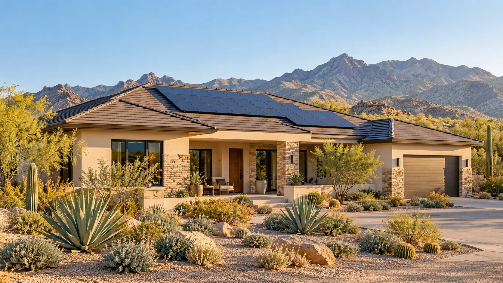Arizona home with rooftop solar panels and desert landscaping